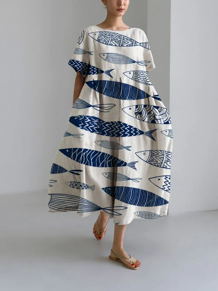 Women's Fish Print Loose Round Neck Medium Length Skirt Dress