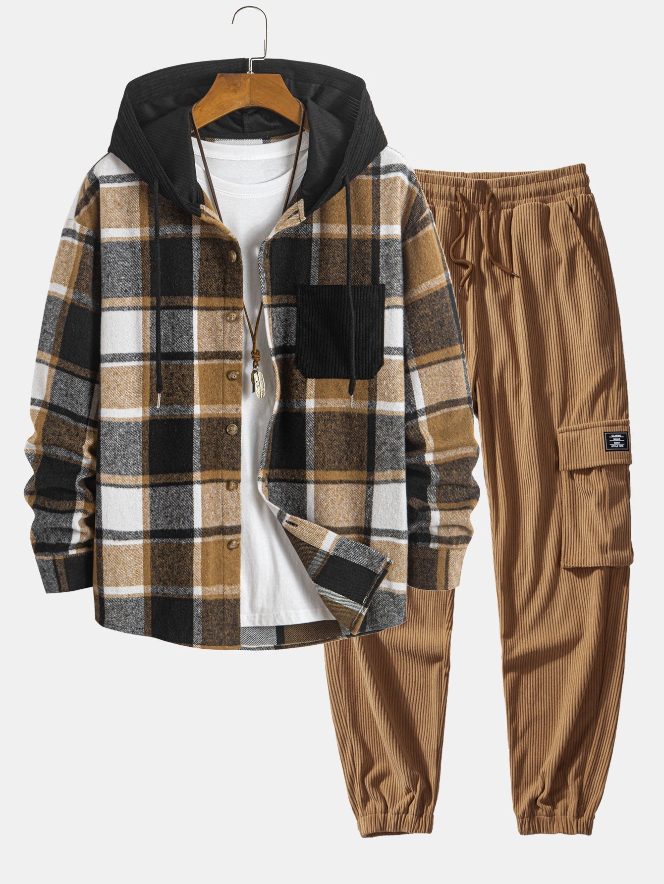 Relax Fit Corduroy Plaid Hooded Shirt & Drawstring Corduroy Cargo Jogger Pants