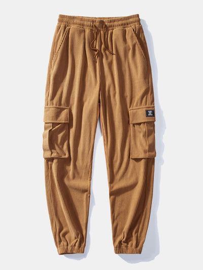 Relax Fit Contrast Corduroy Plaid Hooded Shirt & Drawstring Corduroy Cargo Jogger Pants
