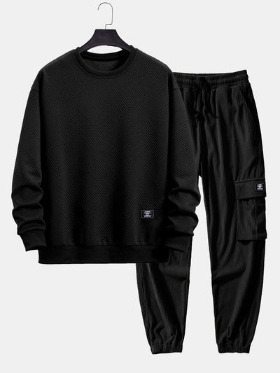 Relax Fit Geometric Striped Sweatshirt & Drawstring Corduroy Cargo Jogger Pants