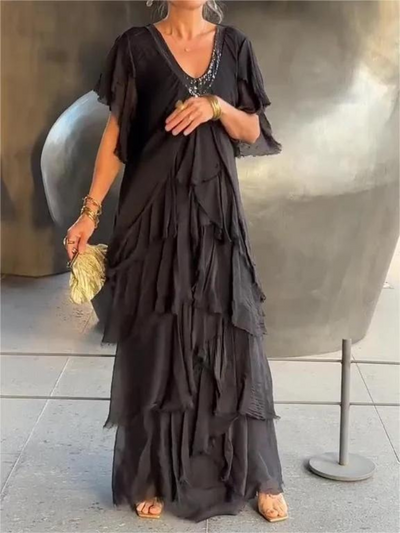 SAVANE | Elegant Flowing Long Dress with V-Neck