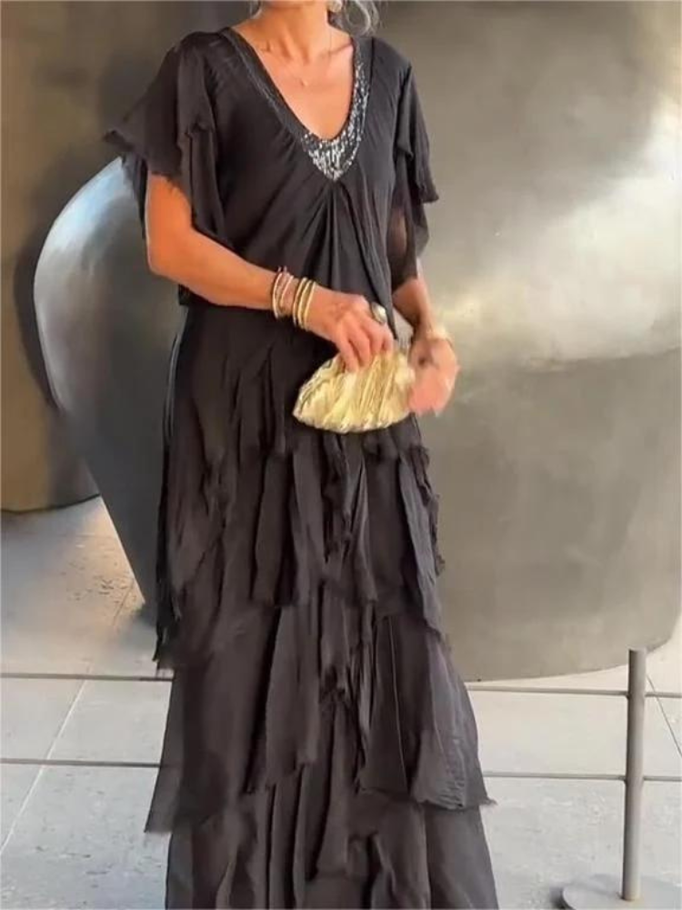 SAVANE | Elegant Flowing Long Dress with V-Neck