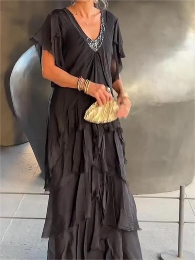 SAVANE | Elegant Flowing Long Dress with V-Neck