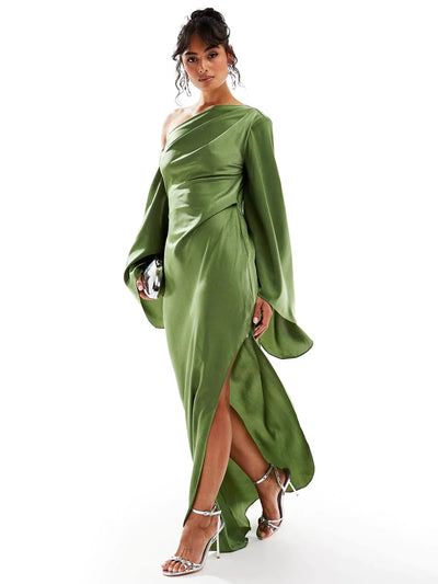 Asyntha™ | Maxi-jurk met één schouder en klokmouwen