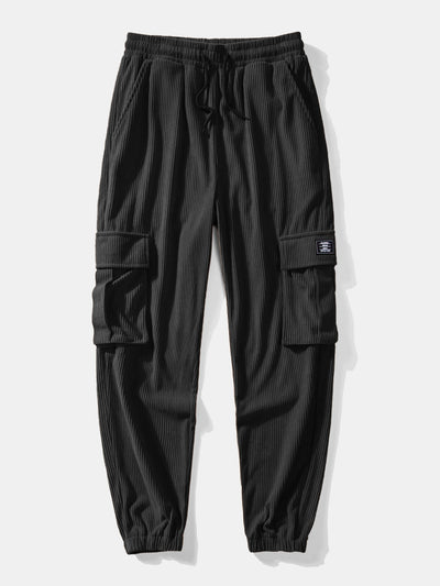 Relax Fit Corduroy Plaid Hooded Shirt & Drawstring Corduroy Cargo Jogger Pants