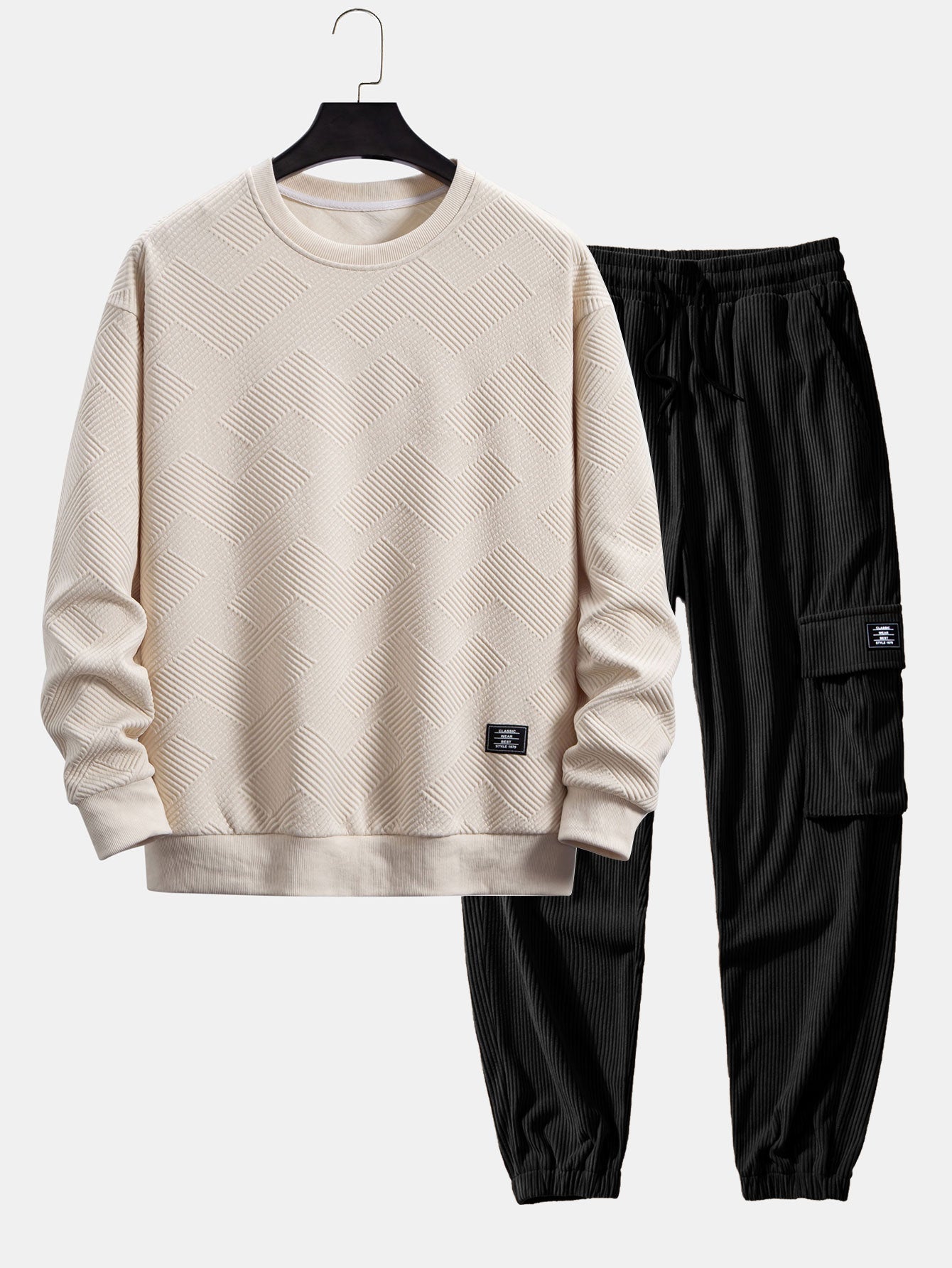 Relax Fit Geometric Striped Sweatshirt & Drawstring Corduroy Cargo Jogger Pants