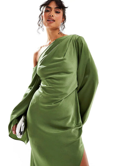 Asyntha™ | Maxi-jurk met één schouder en klokmouwen