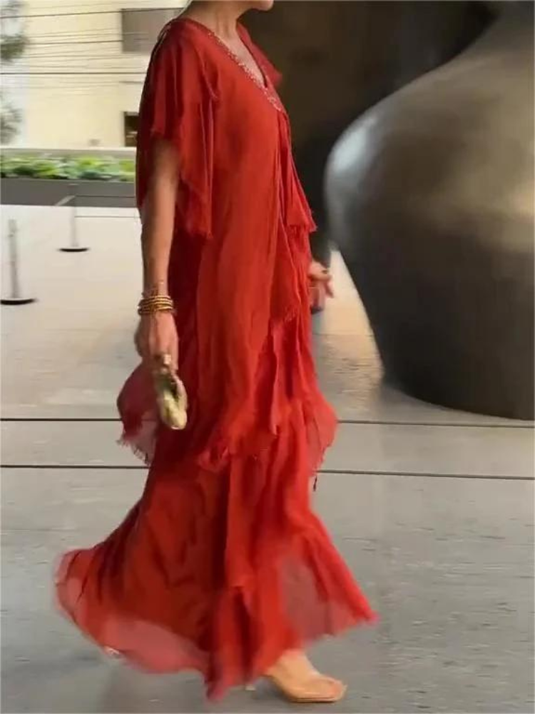 SAVANE | Elegant Flowing Long Dress with V-Neck