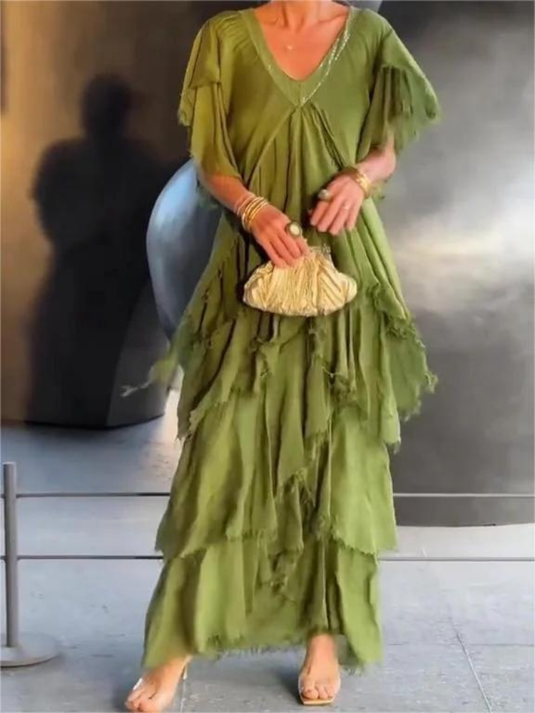 SAVANE | Elegant Flowing Long Dress with V-Neck