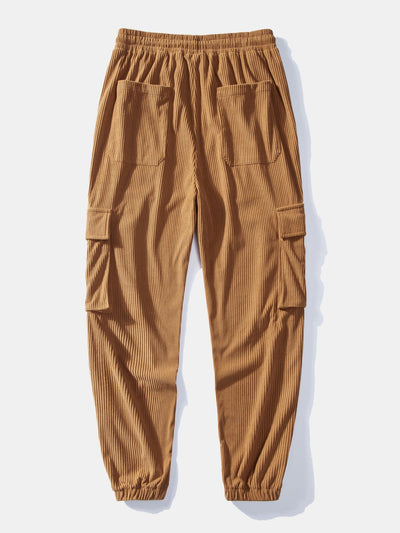 Relax Fit Contrast Corduroy Plaid Hooded Shirt & Drawstring Corduroy Cargo Jogger Pants