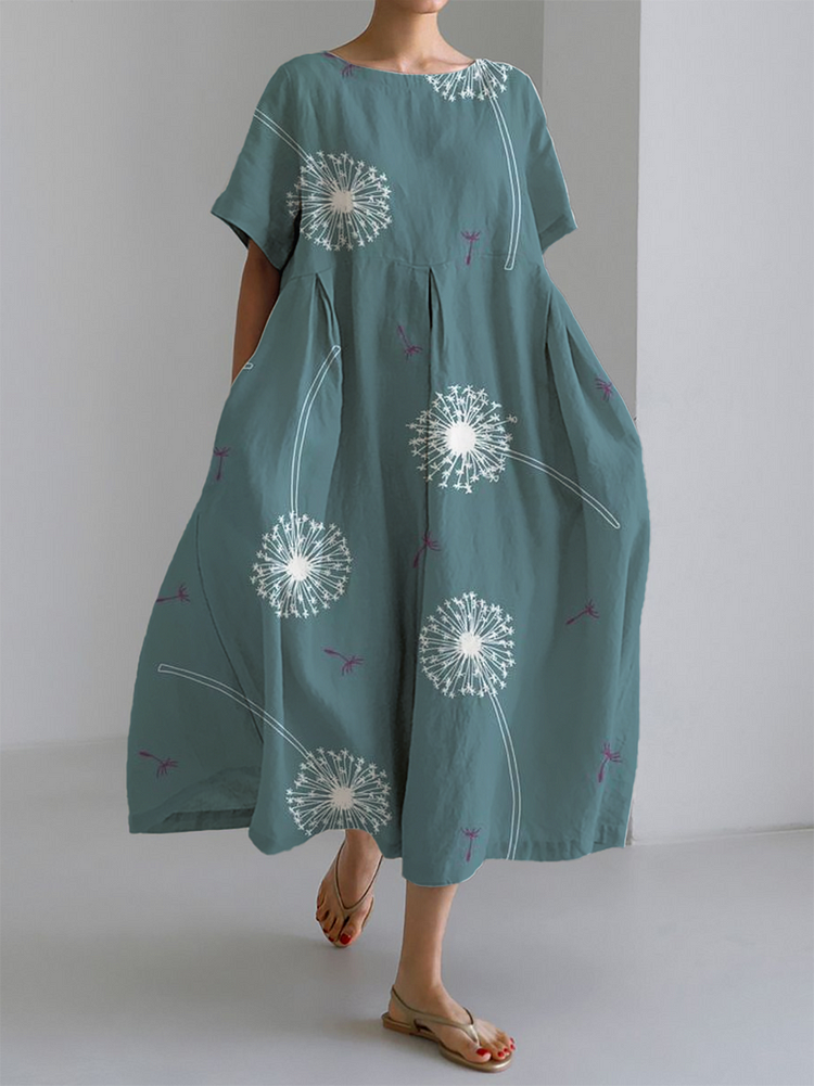 Women's Green Dandelion Print Large Hem Long Dress