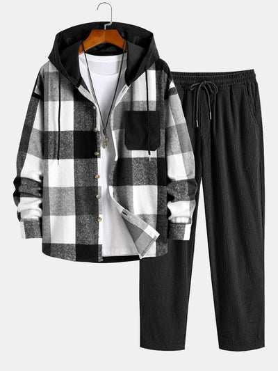 Relax Fit Flannel Plaid Corduroy Patchwork Hooded Shirt & Straight Leg Corduroy Pants