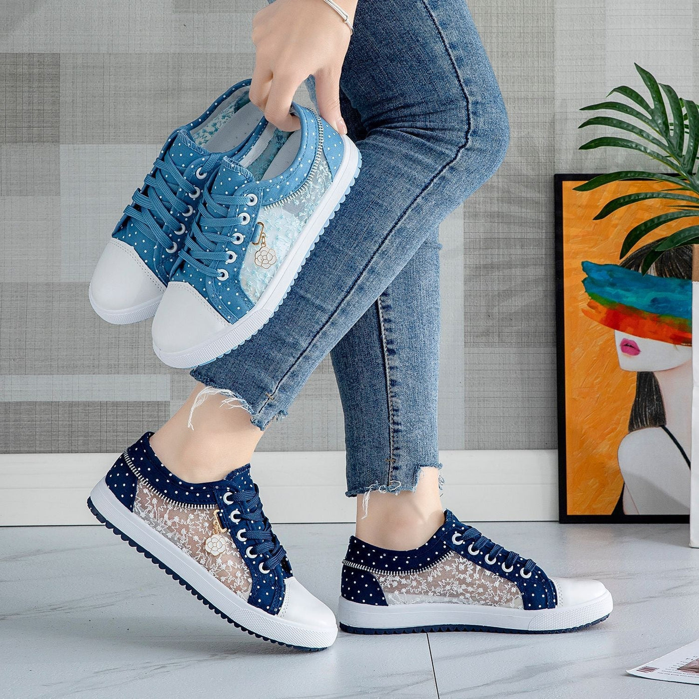 Liveli hollowed out denim mesh shoes breathable cloth shoes