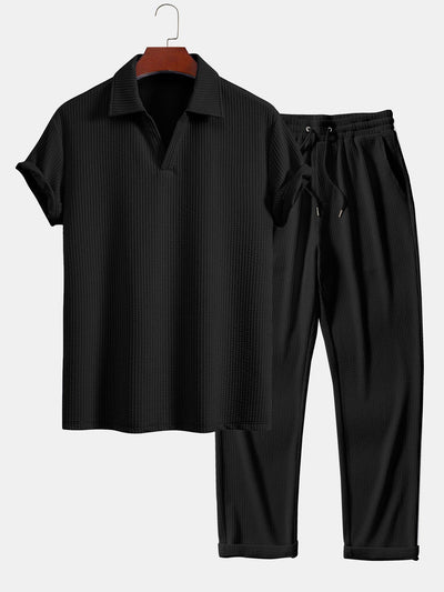 Short Sleeved V-Neck Ribbed Polo & Straight Leg Ribbed Pants