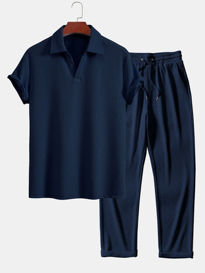 Short Sleeved V-Neck Ribbed Polo & Straight Leg Ribbed Pants