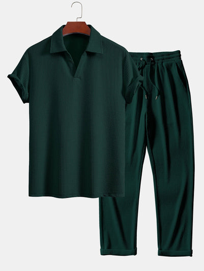 Short Sleeved V-Neck Ribbed Polo & Straight Leg Ribbed Pants
