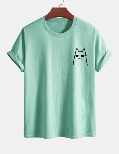 Regular Fit Cat With Sunglasses Print Cotton T-Shirt