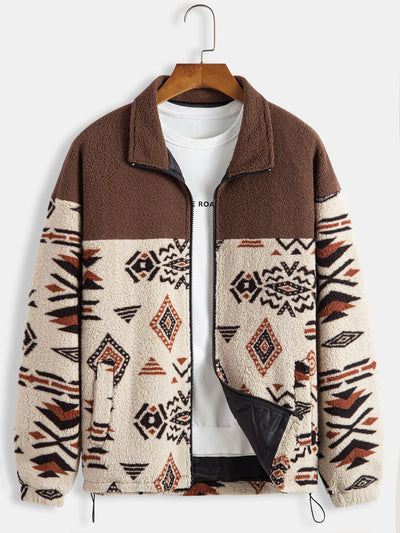 Azteekse Print Patchwork Teddy Fleece Jas