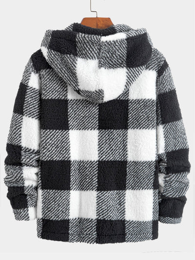 Plaid Teddy Fleece Button Up Hooded Coat