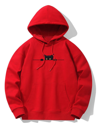 Zwarte Kat Print Drop Shoulder Relaxed Hoodie