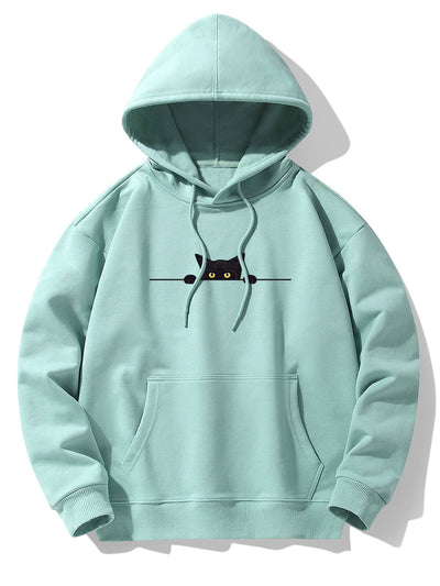 Zwarte Kat Print Drop Shoulder Relaxed Hoodie