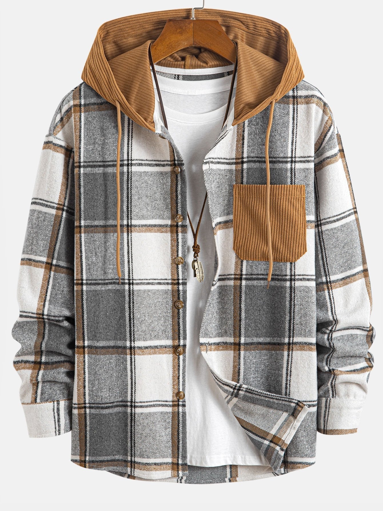 Relax Fit Contrast Corduroy Plaid Hooded Shirt & Drawstring Corduroy Cargo Jogger Pants