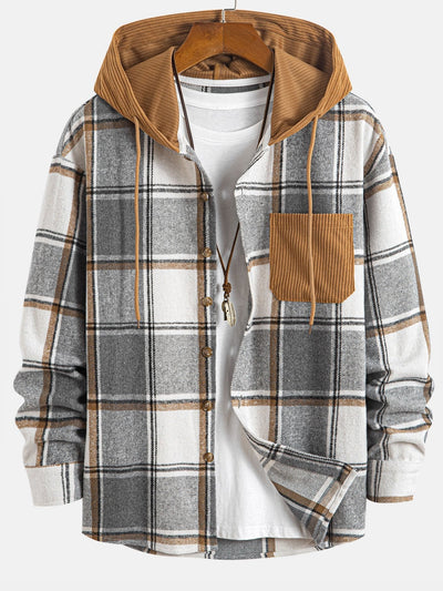 Relax Fit Contrast Corduroy Plaid Hooded Shirt & Drawstring Corduroy Cargo Jogger Pants