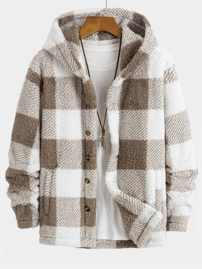 Plaid Teddy Fleece Button Up Hooded Coat