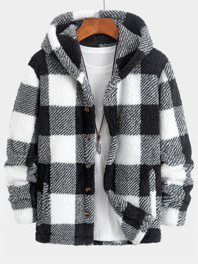 Plaid Teddy Fleece Button Up Hooded Coat
