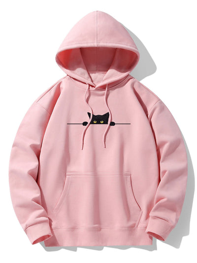Zwarte Kat Print Drop Shoulder Relaxed Hoodie