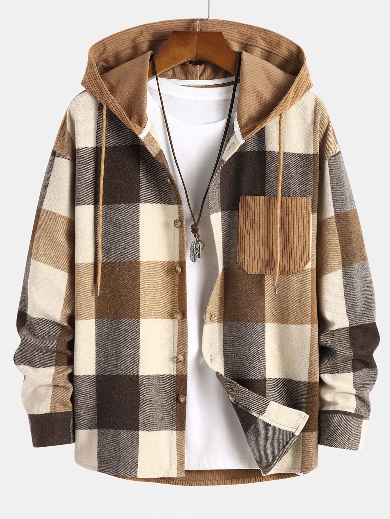 Relax Fit Flannel Plaid Corduroy Patchwork Hooded Shirt & Straight Leg Corduroy Pants