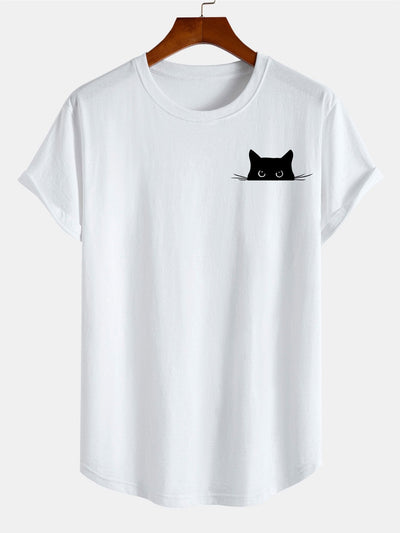 Zwarte Kat Print Katoenen Boog Hem T-Shirt