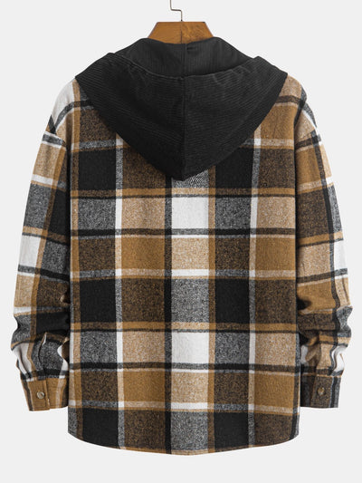 Relax Fit Corduroy Plaid Hooded Shirt & Drawstring Corduroy Cargo Jogger Pants