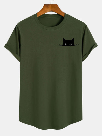Zwarte Kat Print Katoenen Boog Hem T-Shirt