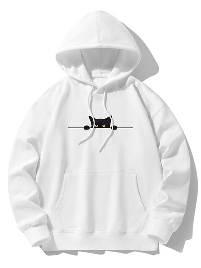 Zwarte Kat Print Drop Shoulder Relaxed Hoodie
