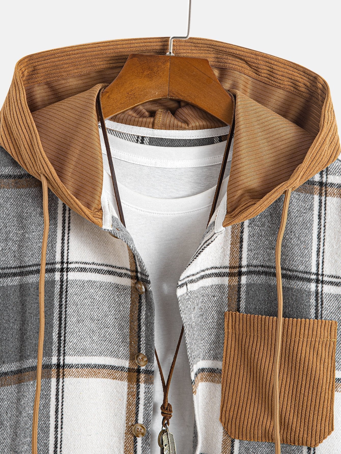Relax Fit Contrast Corduroy Plaid Hooded Shirt & Drawstring Corduroy Cargo Jogger Pants