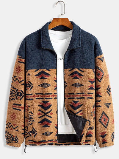 Azteekse Print Patchwork Teddy Fleece Jas