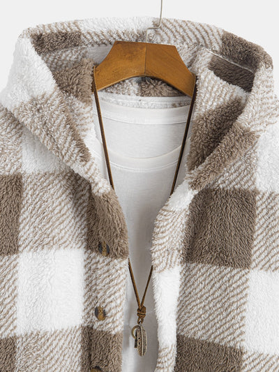 Plaid Teddy Fleece Button Up Hooded Coat