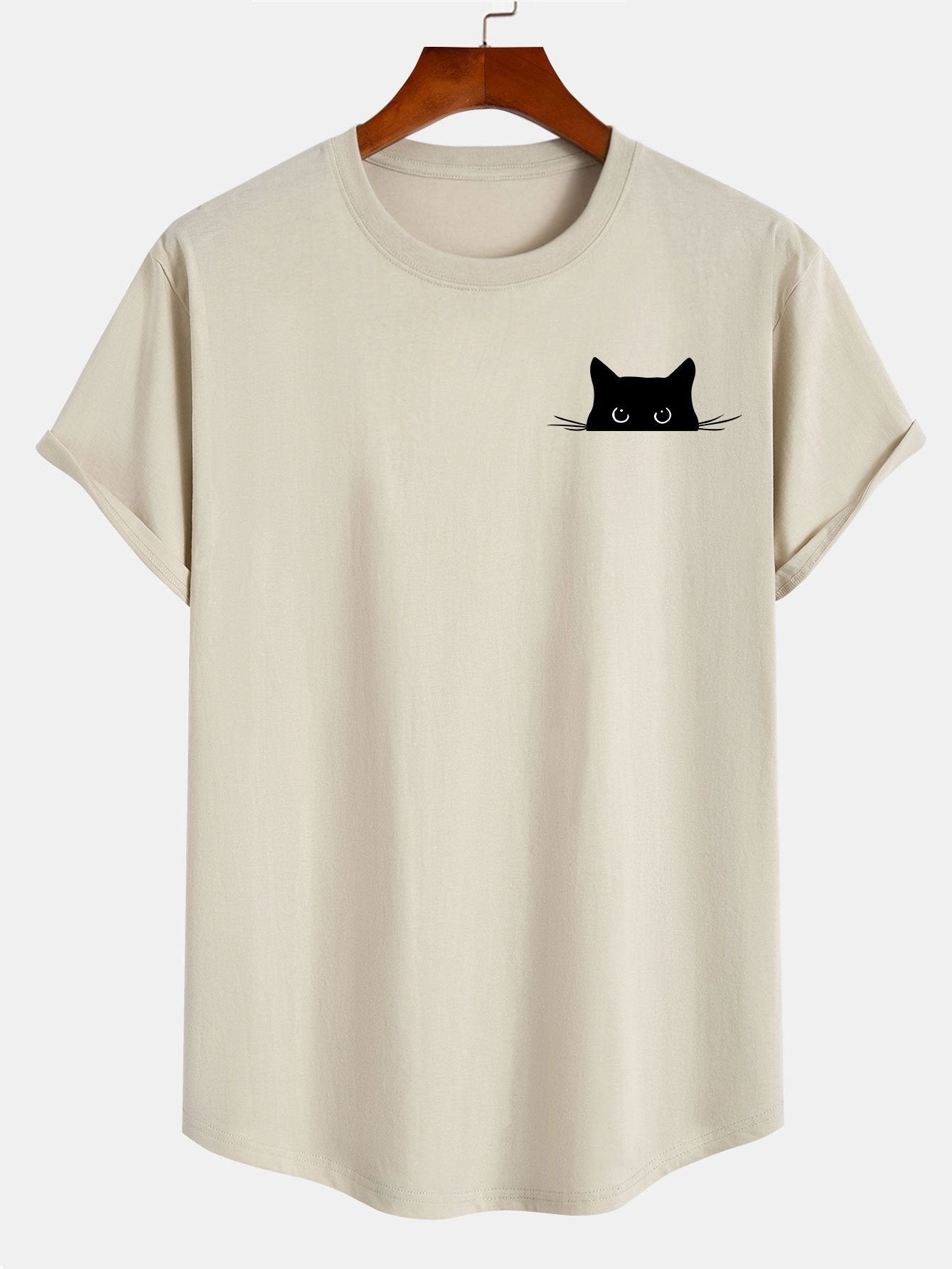Zwarte Kat Print Katoenen Boog Hem T-Shirt