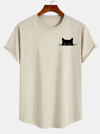 Zwarte Kat Print Katoenen Boog Hem T-Shirt