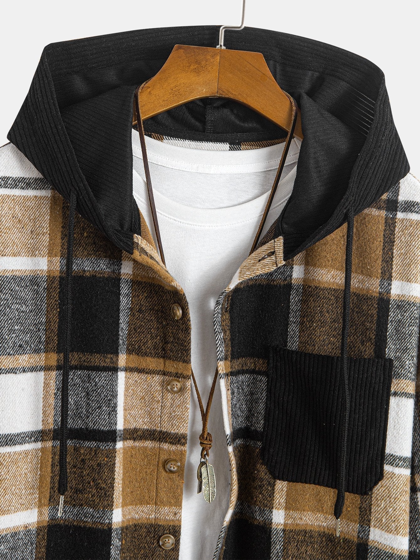 Relax Fit Corduroy Plaid Hooded Shirt & Drawstring Corduroy Cargo Jogger Pants