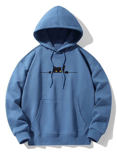 Zwarte Kat Print Drop Shoulder Relaxed Hoodie