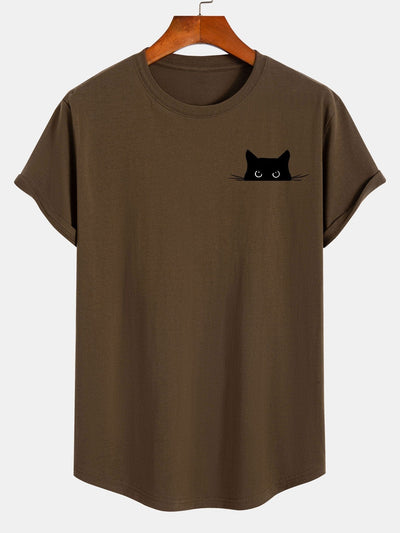 Zwarte Kat Print Katoenen Boog Hem T-Shirt