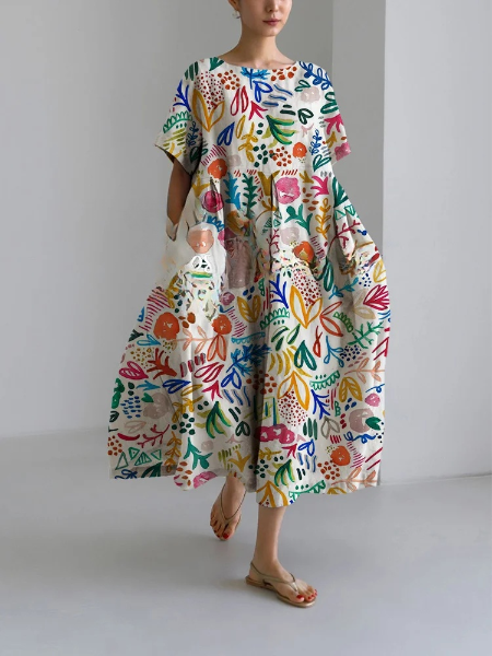 Women's Leisure Summer Flory Print Loose Round Neck Medium Length Skirt Dress