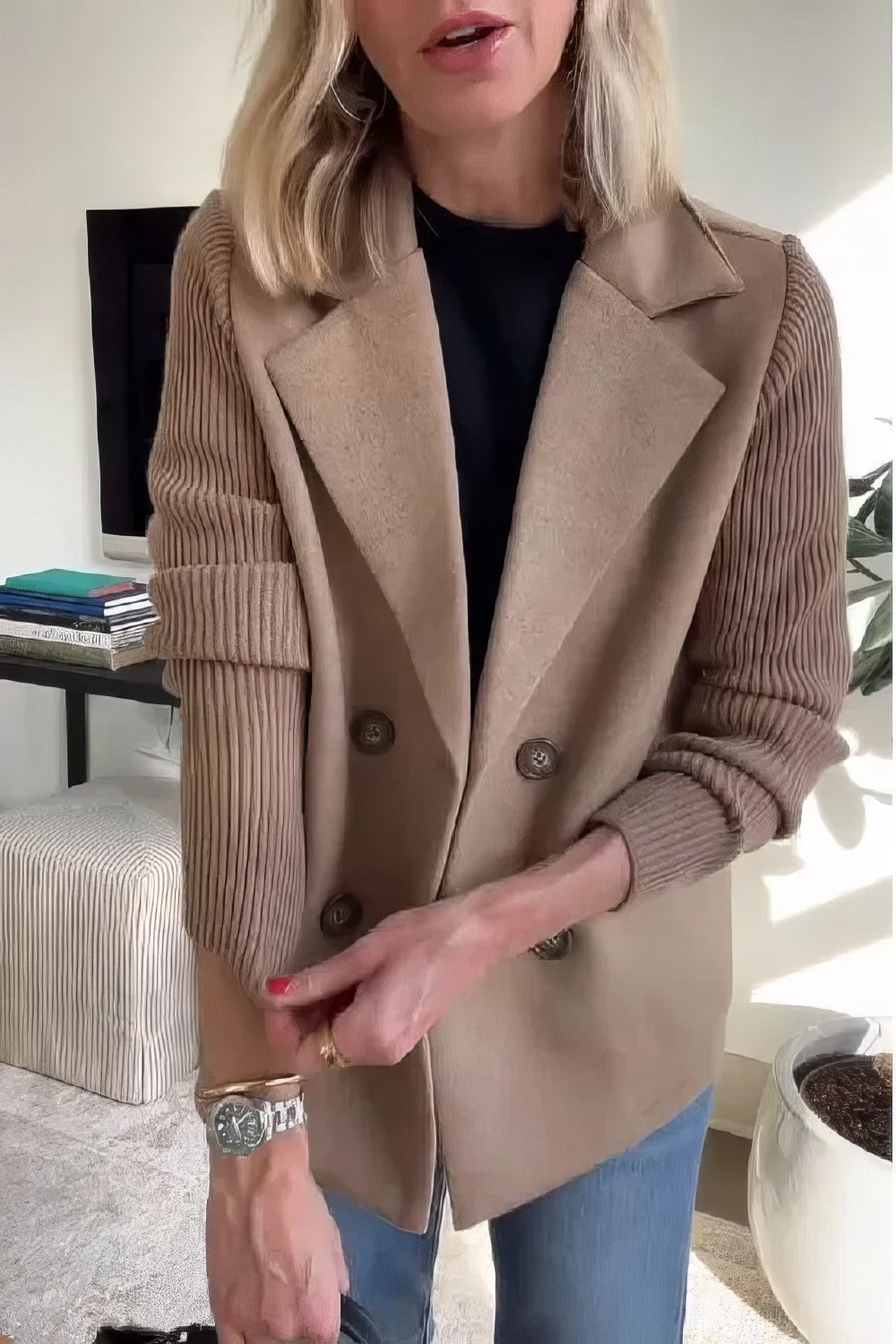 CLAIRE | Lange Cardigan met Patchwork Mouwen, Trendy en Chic