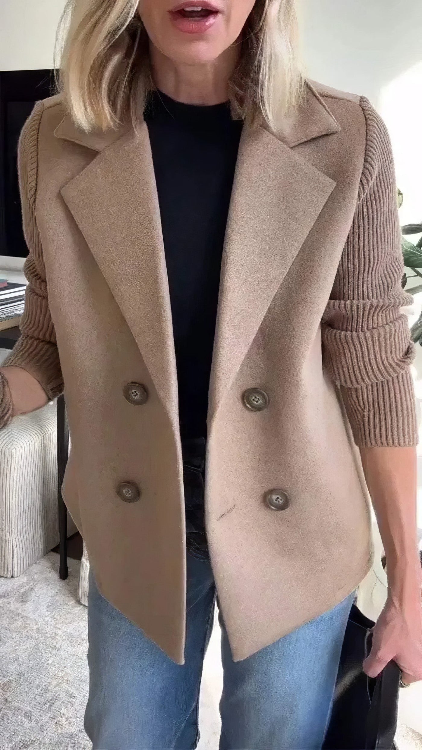 CLAIRE | Lange Cardigan met Patchwork Mouwen, Trendy en Chic